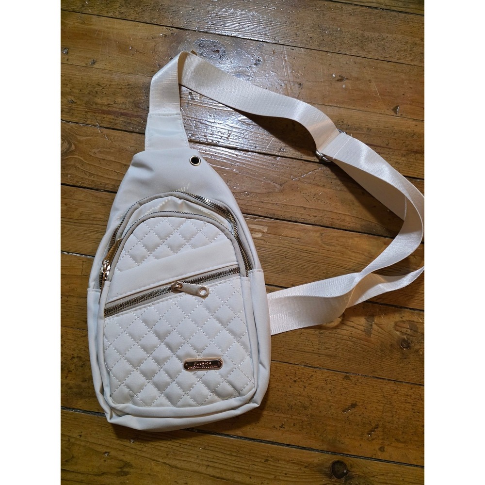 Jingpin Creations White Quilted Sling Bag Cream Nylon Crossbody Chest‎ Pack Gold
